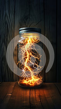 Lightning captured in a jar on a wooden background