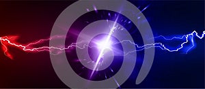 Lightning collision red and blue background, versus banner. Powerful colored lightnings and the flash from the