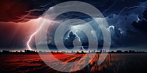 Lightning in dark cloudy sky during thunderstorm