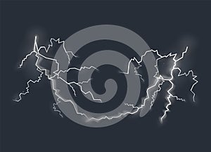 Lightning effect, natural strength symbol. Zipper, thunderstorm rays and lighting, electric power charge. Vector