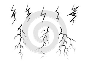 Lightning, electrostatic discharge during thunder bolt, different black line. Collection of natural phenomena of