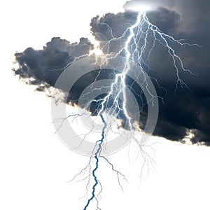 Lightning emerging from clouds isolated on white background