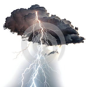 Lightning emerging from clouds isolated on white background