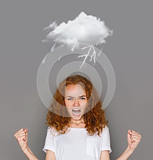 Lightning emotion of redhaired girl crying on gray background