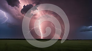 lightning in the field A dramatic scene of a supercell thunderstorm and lightning bolt over a field at sunset,