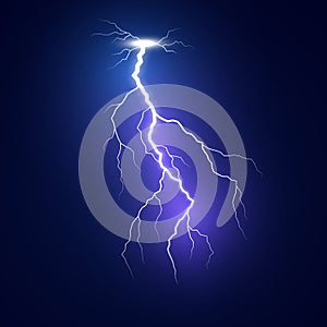 Lightning flash bolt. Blue lightning template. Thunderbolt isolated on dark background. Vector illustration