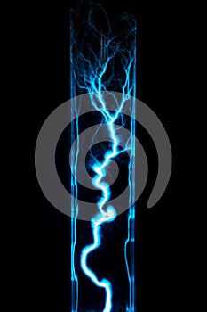 Lightning flash discharge of electricity on transparent background. Blue electrical visual effect.