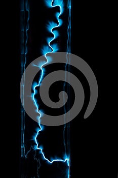 Lightning flash discharge of electricity on transparent background. Blue electrical visual effect.