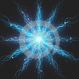 Lightning flash discharge of electricity on transparent background. Blue electrical visual effect. EPS 10
