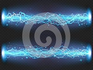 Lightning flash discharge of electricity on transparent background. Blue electrical visual effect. EPS 10