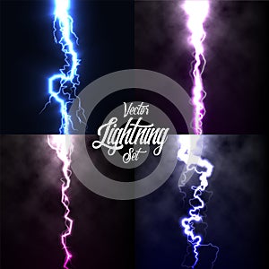 Lightning flash light thunder spark on black background with clouds set.Vector spark lightning or electricity blast