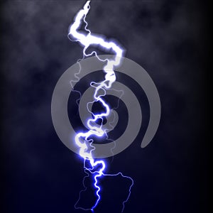 Lightning flash light thunder spark on black background with clouds. Vector spark lightning or electricity blast storm