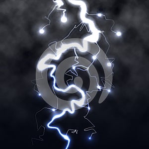 Lightning flash light thunder spark on black background with clouds. Vector spark lightning or electricity blast storm