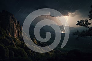 Lightning flashes on dramatic night sky, lightning strikes in wild nature, AI Generated landscape