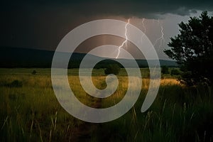 Lightning flashes on dramatic night sky, lightning strikes in wild nature, AI Generated landscape