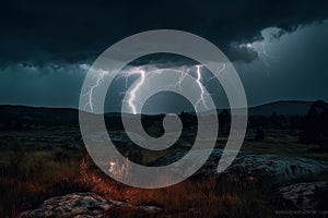 Lightning flashes on dramatic night sky, lightning strikes in wild nature, AI Generated landscape