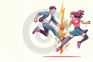 Lightning flashing between guys and girlfriend holding each other's hands. Space for text.