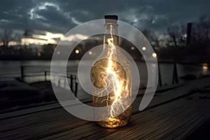 Lightning in a glass bottle on a wooden pier. Selective focus. photo