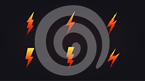 Lightning icon set. Cartoon orange lightening, bolt logo template, energy electricity symbol collection. Simple flat