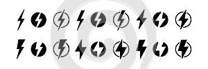 Lightning icons for energy power charging, vector thunderbolt symbols of electricity lightning