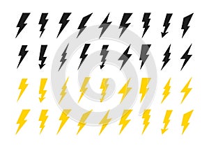Lightning icons set. Thunder and Bolt. Flash icon. Lightning bolt. Black and yellow silhouette. Vector Illustration. photo