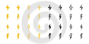 Lightning icons set. Yellow and black lightning icons. Vector scalable graphics