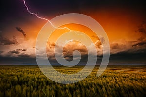 Lightning illuminates ominous storm clouds over farmland