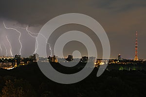 Lightning in Kyiv, with view on TV tower