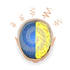 Lightning between left-brain and right brain idea, concept, illustration.