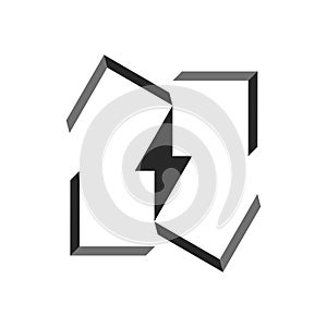 Lightning logo shape formed by four abstract isometric faces of cubes in the form of direction arrows in black and white negative