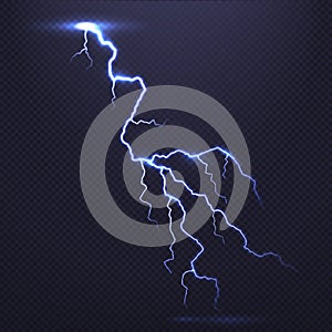 Lightning, natural light effect, bright glowing isolated on dark background. Magic thunderstorm, flash bolt