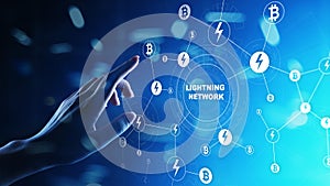 Lightning network communication in cryptocurrency technology. Bitcoin and internet payment concept on virtual screen.