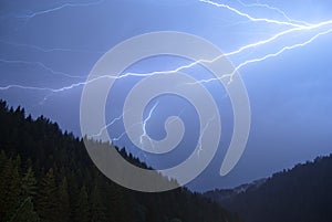 Lightning at night over a forest