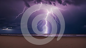 lightning in the night A serene beach at night is contrasted by the fury of a lightning storm that rages in the distance.