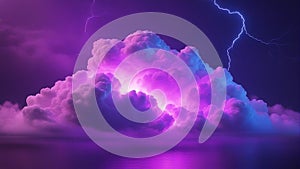 lightning in the night stormy, cloud blue purple neon glow dark background,