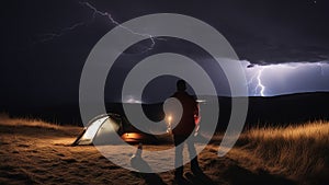 lightning night He was camping on the hill, enjoying the night sky. He didn't notice the storm clouds gathering about