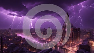 lightning over city a steampunk, Lightning storm over city in purple light