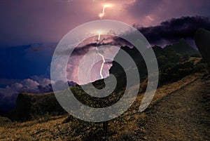 Lightning over the Karadag mountain range, Eastern Crimea