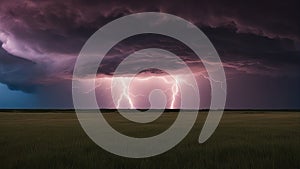 lightning over the a stormy sky with lightning strikes that create a dazzling display of light and power over a grassy field