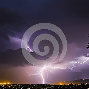 lightning is seen from the top of a tree in a dark sky