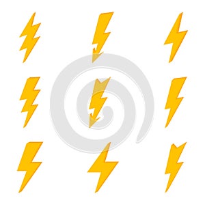 Lightning set. Flat Yellow Lightning or Thunderbolt Collection