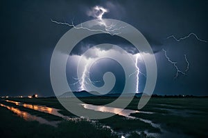 lightning in the sky over field