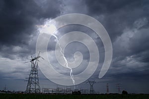 Lightning storm on electric tower