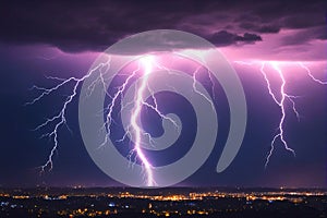 Lightning storm with huge electrical discharges on night sky, thunderstorm background