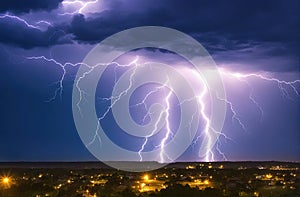 Lightning storm with huge electrical discharges on night sky, thunderstorm background