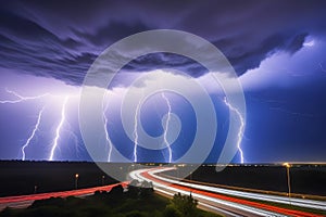 Lightning storm illuminating night highway with car light trails