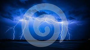 Lightning storm illuminating night sky over empty road