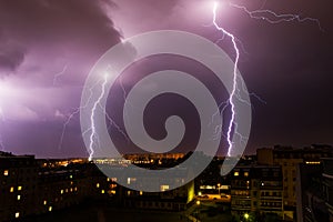 Lightning storm over city.