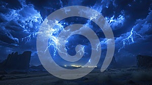 Lightning storm over desert landscape at night