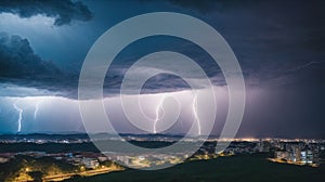 Lightning Storm Over Ribeirao Preto City in Brazil. Thunder blue light on a summer night.